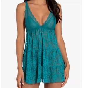 Linea Donatello Teal Lace Babydoll Chemise Set with Thong. Size XL. New W Tag
